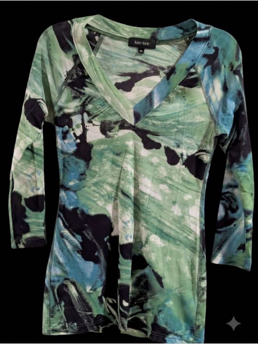 Karen Kane Green Blue Abstract V-Neck Top Medium